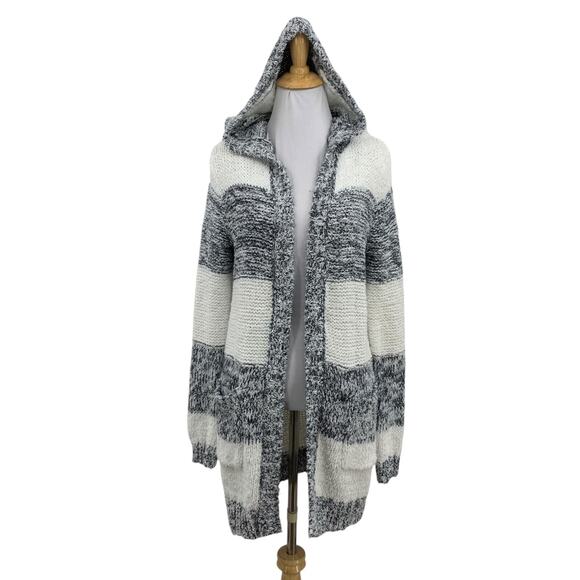 Michael Kors Cardigan Women M Medium Multi Striped Open Front Chunky Knit Hooded - Picture 1 of 11